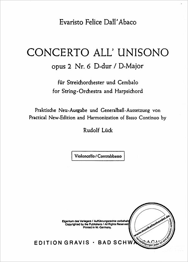 Titelbild für EG 565-VC - CONCERTO ALL UNISONO D-DUR OP 2