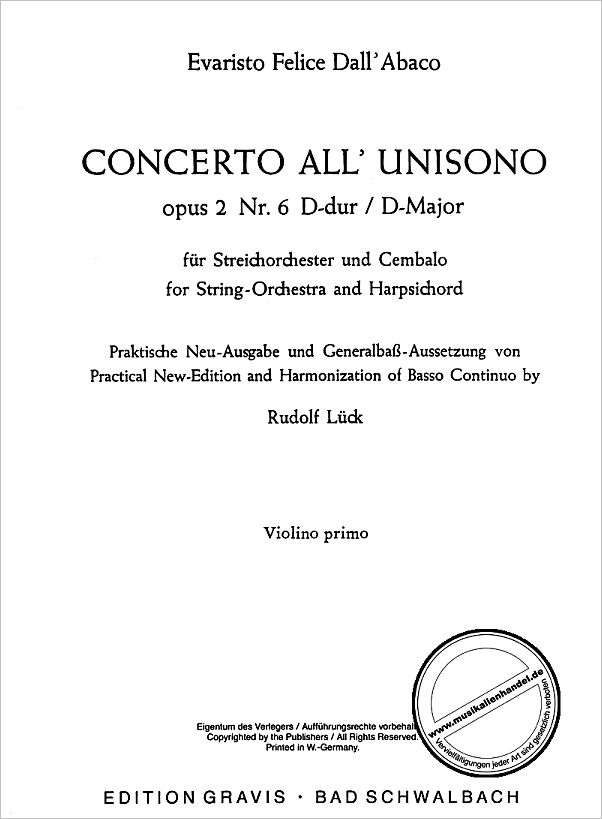 Titelbild für EG 565-VL1 - CONCERTO ALL UNISONO D-DUR OP 2