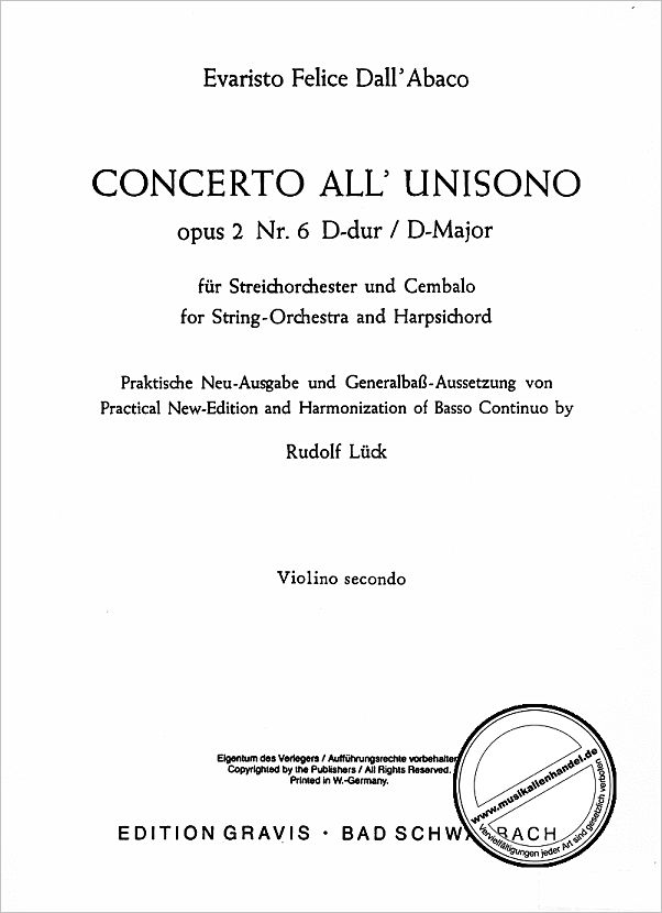 Titelbild für EG 565-VL2 - CONCERTO ALL UNISONO D-DUR OP 2