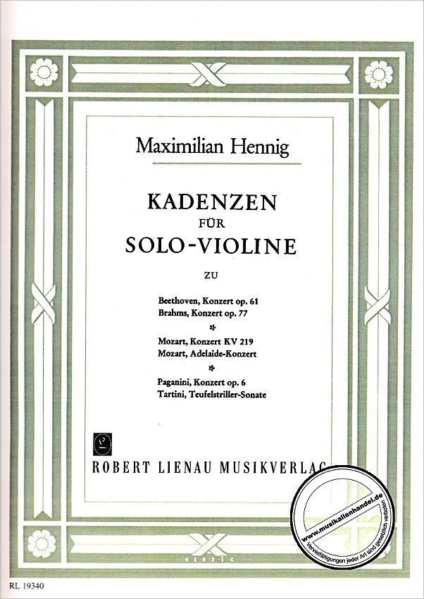 Titelbild für RL 19340 - KADENZEN ZU VIOLIN KONZERTE CPL